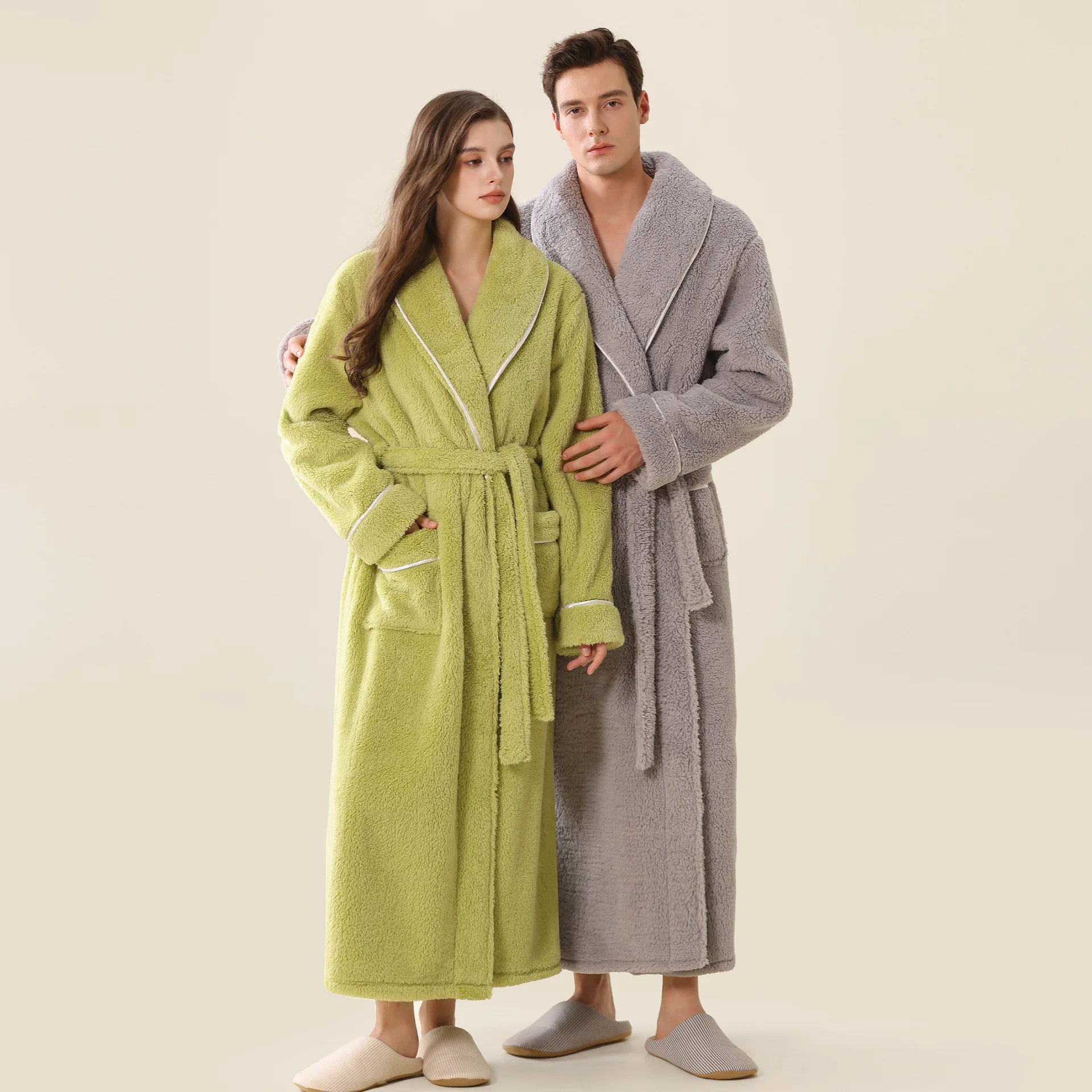 

Winter Flannel Robe Women&Men Long Coral Fleece Kimono Bathrobe Couples Sleepwear Soft Home Clothes Robe Lengthed Loungewear