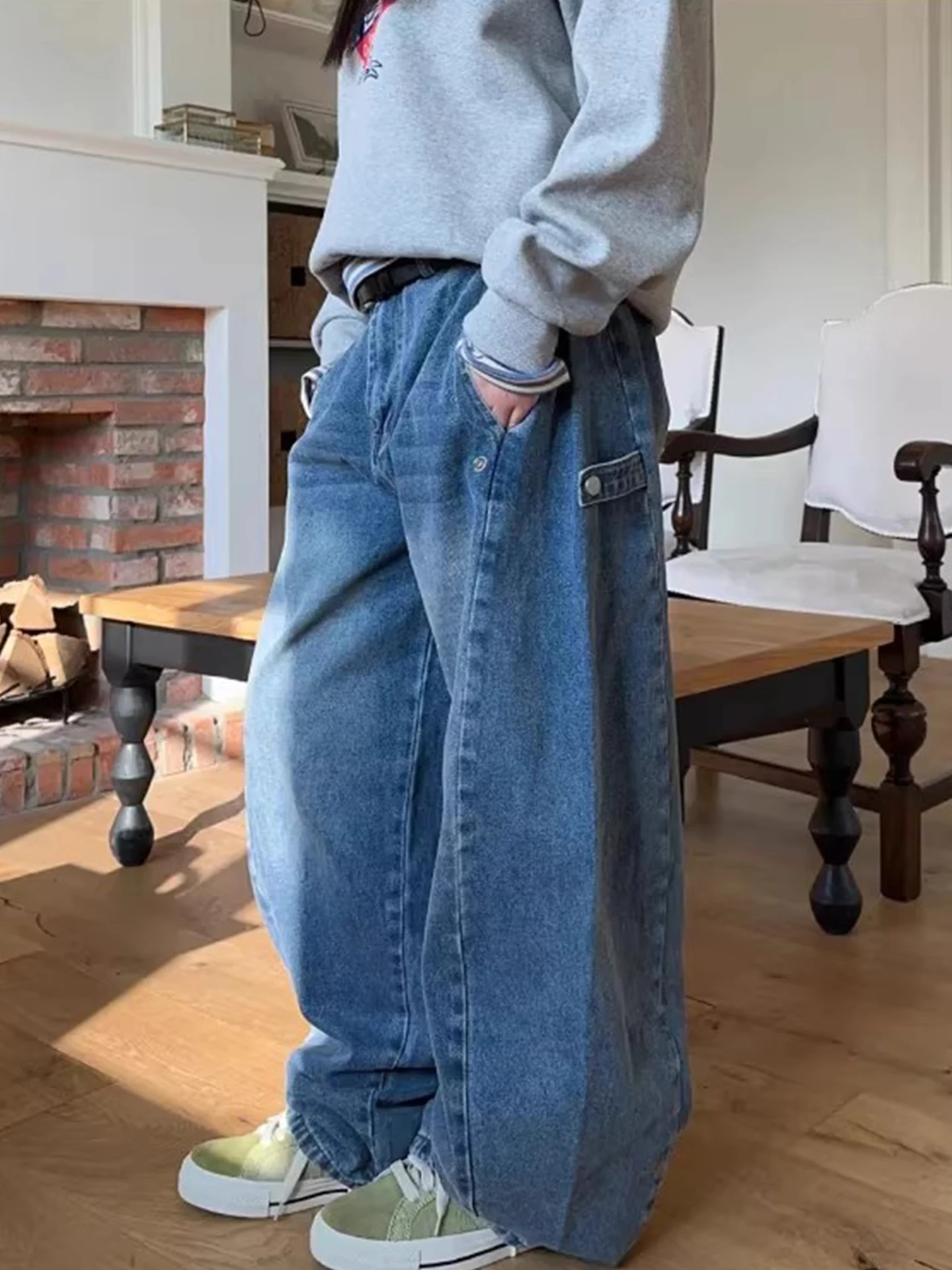 

High Waist Vintage Washed Distressed Wide Leg Jeans Women's Spring New Design Sense Hanging Buckle Adjustment Pants