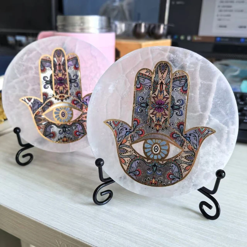 

Natural Selenite Quartz Crystal Hamsa Hand for Women Men Lucky Palm Fatima Amulet Round Satin Spar Gypsum Arts Without Stand