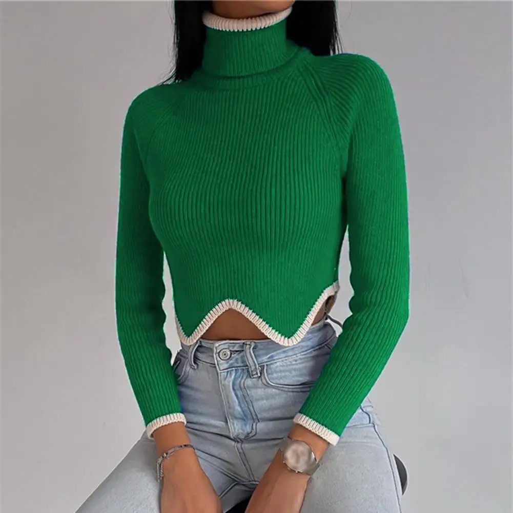 Women Sweater Long Sleeves Wave Hem Ribbed Cropped Lady Sweater Winter Contrast Color Slim Fit Turtleneck  Pullover Sweater