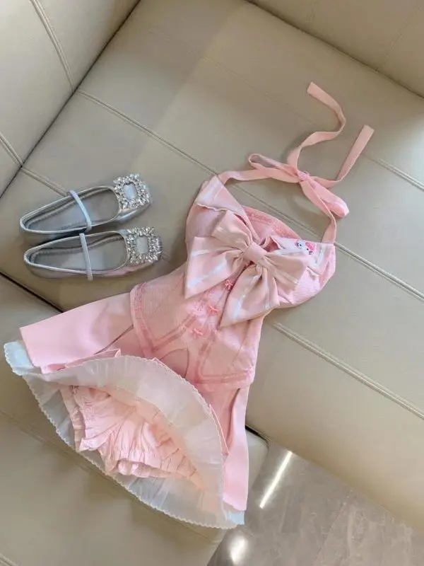 صيف جديد رغبة نقية لطيف عقدة معلقة Ne التخسيس أعلى عالية الخصر مطوي ort تنورة قطعتين مجموعة النساء #4