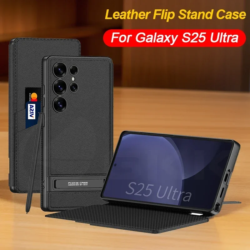 

Leather Flip Armor Holder Case For Samsung Galaxy S25 Ultra Shockproof Card Slot Stand Plastic Cover For Galaxy S25 Ultra Case