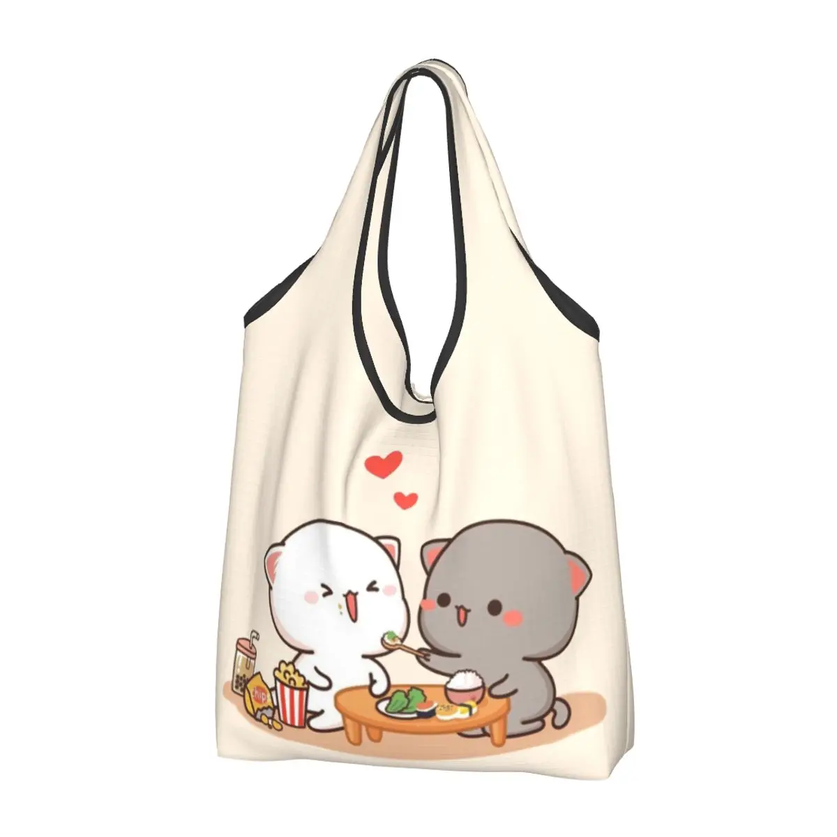 Custom Funny Cute Mochi Peach And Goma Cat Shopping Tote Bag Portable Grocery Shopper Shoulder Bag