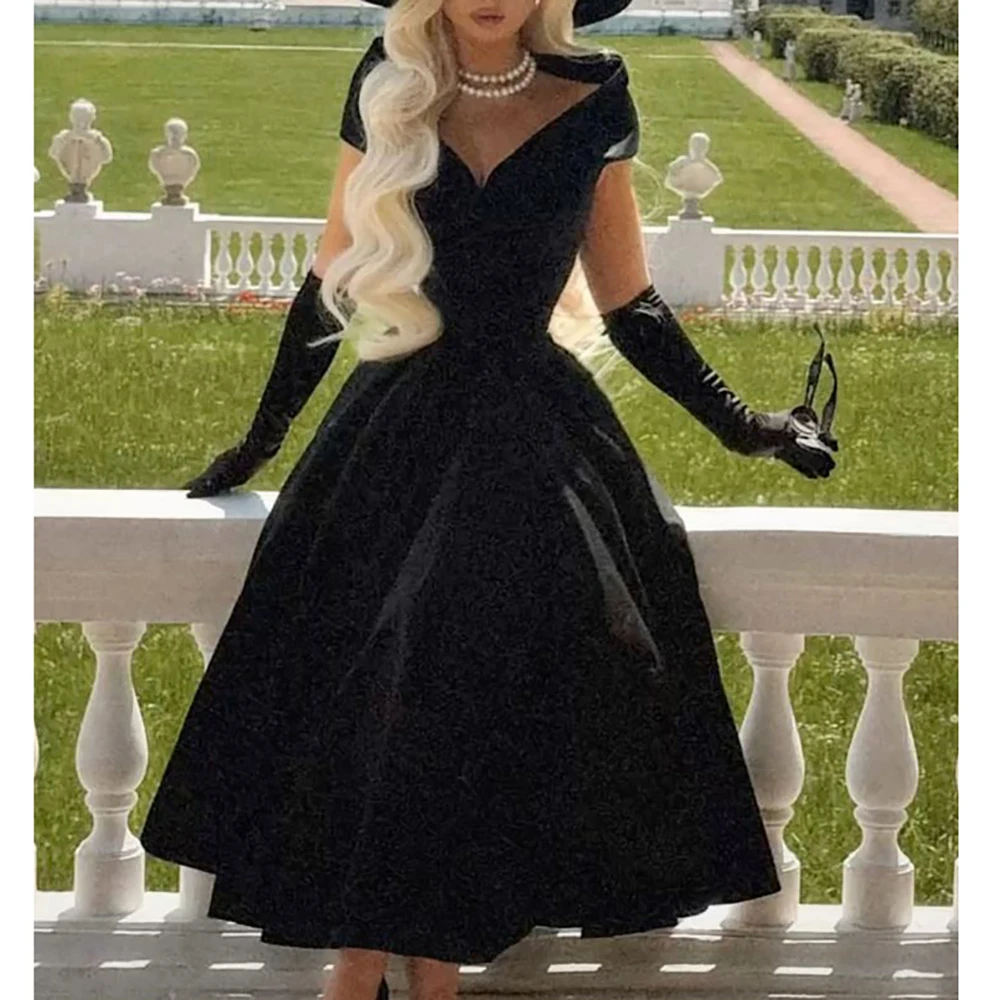

Custom Made Ball Gown Luxury Satin V-neck Off the Shoulder A-line Princess Prom Dress Elegant Classic Black Evening Dress