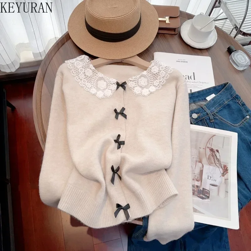 Sweet Lace Peter Pan Collar Bow Tie Sweater Coat Women 2024 Autumn Winter Gentle Style Long Sleeve Knitted Cardigan Mujer Tops