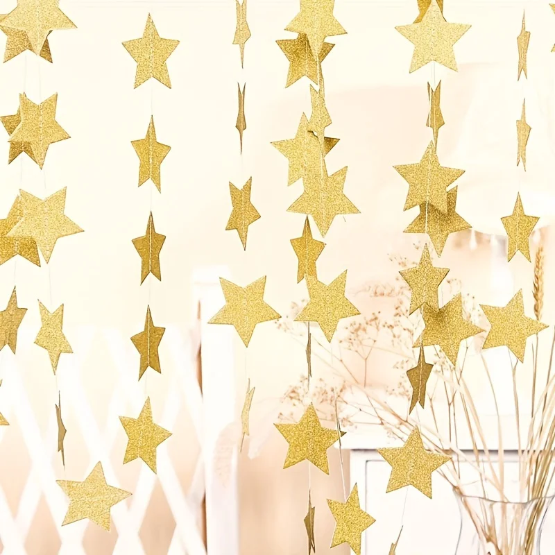 1 Stück 4m/157,48 Zoll Gold Silber Glitzer Stern Papiergirlande Banner Funkelnde Hängende Wimpelkette Hintergrund für Geburtstag Weihnachtsfeier