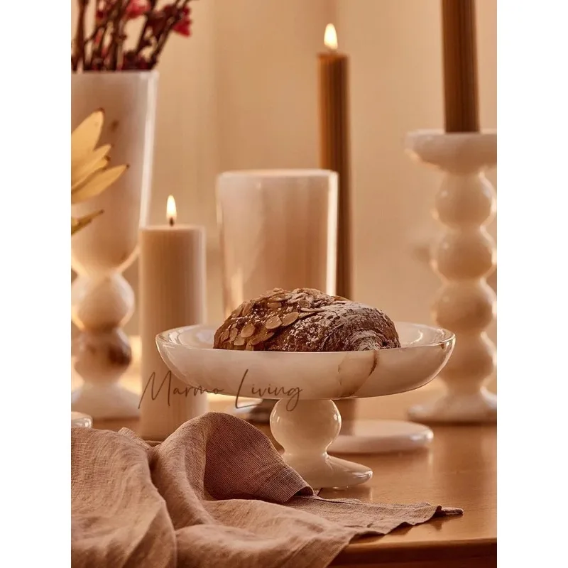 

White Onyx Natural Marble Serving Tray for Dessert and Bread Luxury Fruit Bowl for Kitchen Counter or Dining Room Table