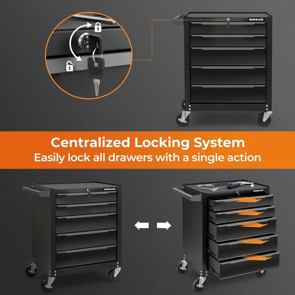Goplus rollende stalen gereedschapskist, gereedschapsopbergkast met 5 laden en ophanggaten, centrale sleutelvergrendelingssysteem, kogellager