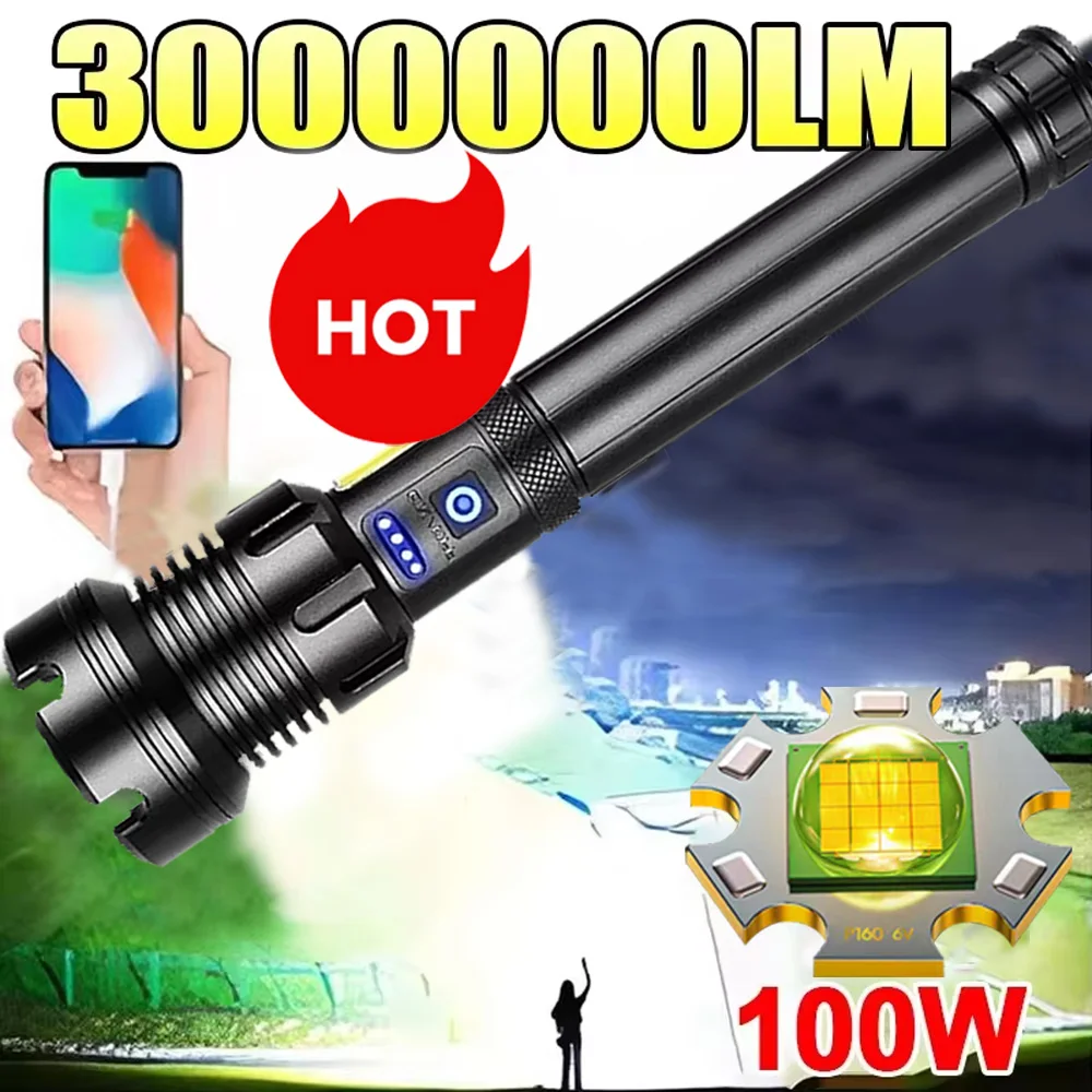 

High Strong Power Led Flashlights 300000LM Tactical Torch with Display Light USB Charging Camping Fishing Defensa Zoom Lantern