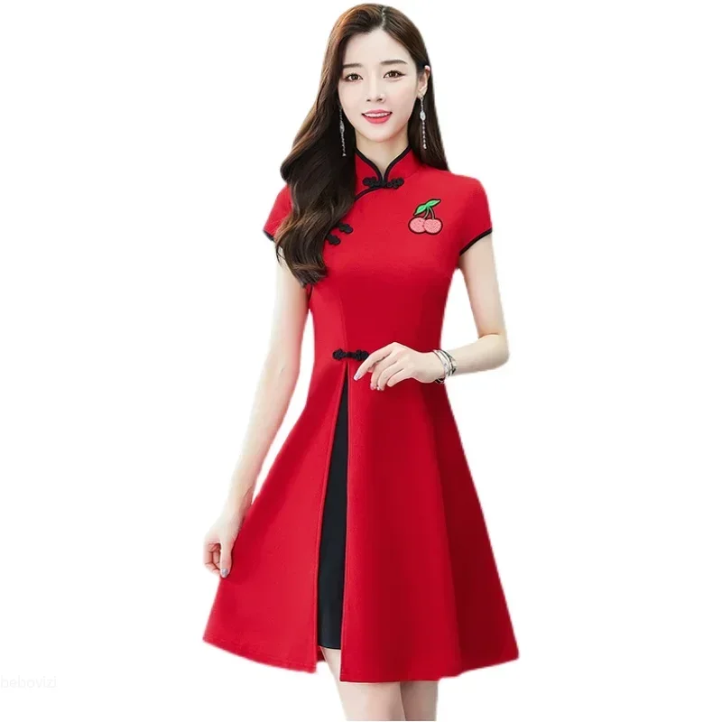 중국 스타일 여름 개선 Cheongsam 슬림 미디 반팔 모던 Qipao 드레스, 여성 의류 CNY