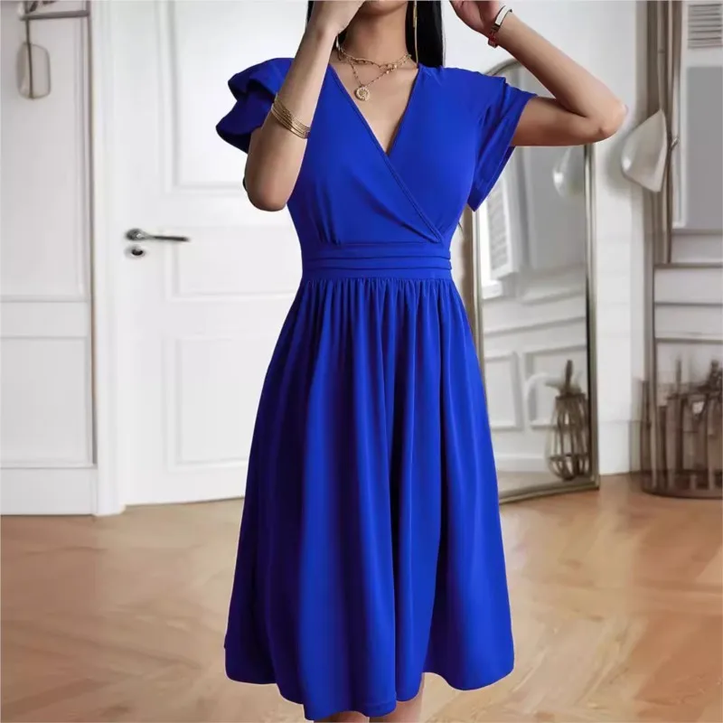 

High Quality Dresses 2024 Summer Elegant V Neck Midi Dress Fly Sleeve Vest Vintage Dress Maxi Evening Gown Sexy