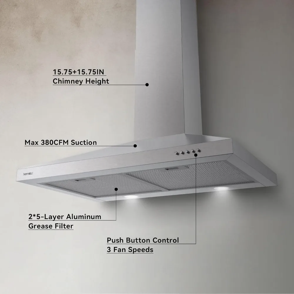 Aço inoxidável Wall Mount Vent Hood, Cozinha Hood com filtro de carvão vegetal, Ducted Range Hoods, 30 in