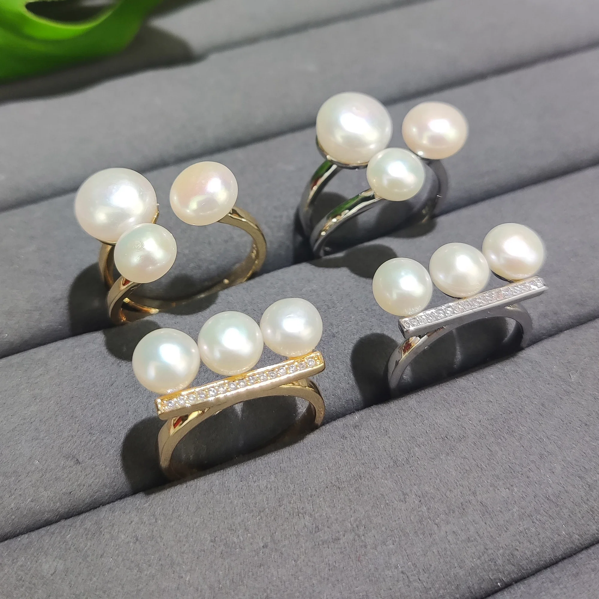 Balance Beam/Three Head Round pearls Ring Adjustable Open Gold Plated Ring for  Women Minimalist Fashion Jewelry