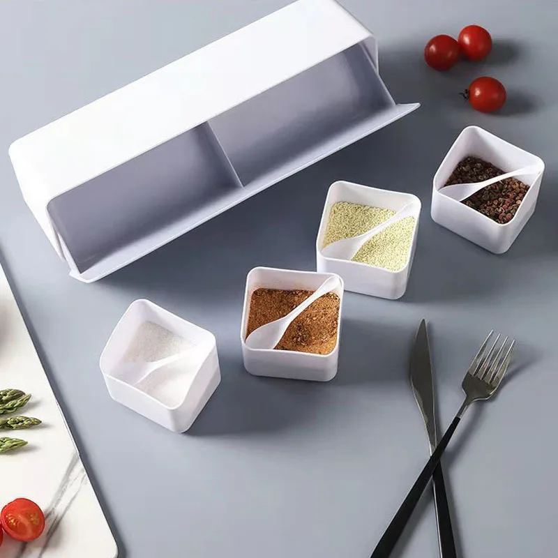 4 In 1 Seasoning Box Combination Set Wall-mounted Seasoning Storage Box Sugar Salt Spices Container Organizer Kitchen Supplies