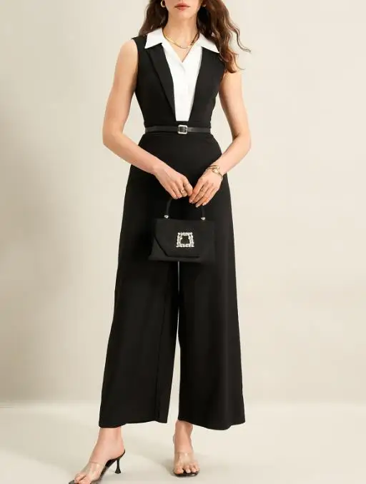 

2026 Summer New High-End Two-Piece Black and White Color Blocked Lapel Sleeveless Jumpsuit for Women