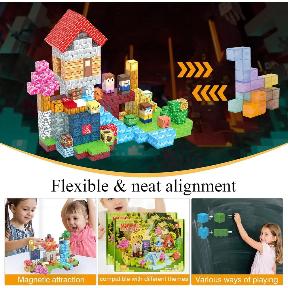 어린이용 라이트업 자석 블록 세트 3세 이상 - 300개 조각, 보관 가방 포함, 3-5세 교육용 선물 (마을 테마)