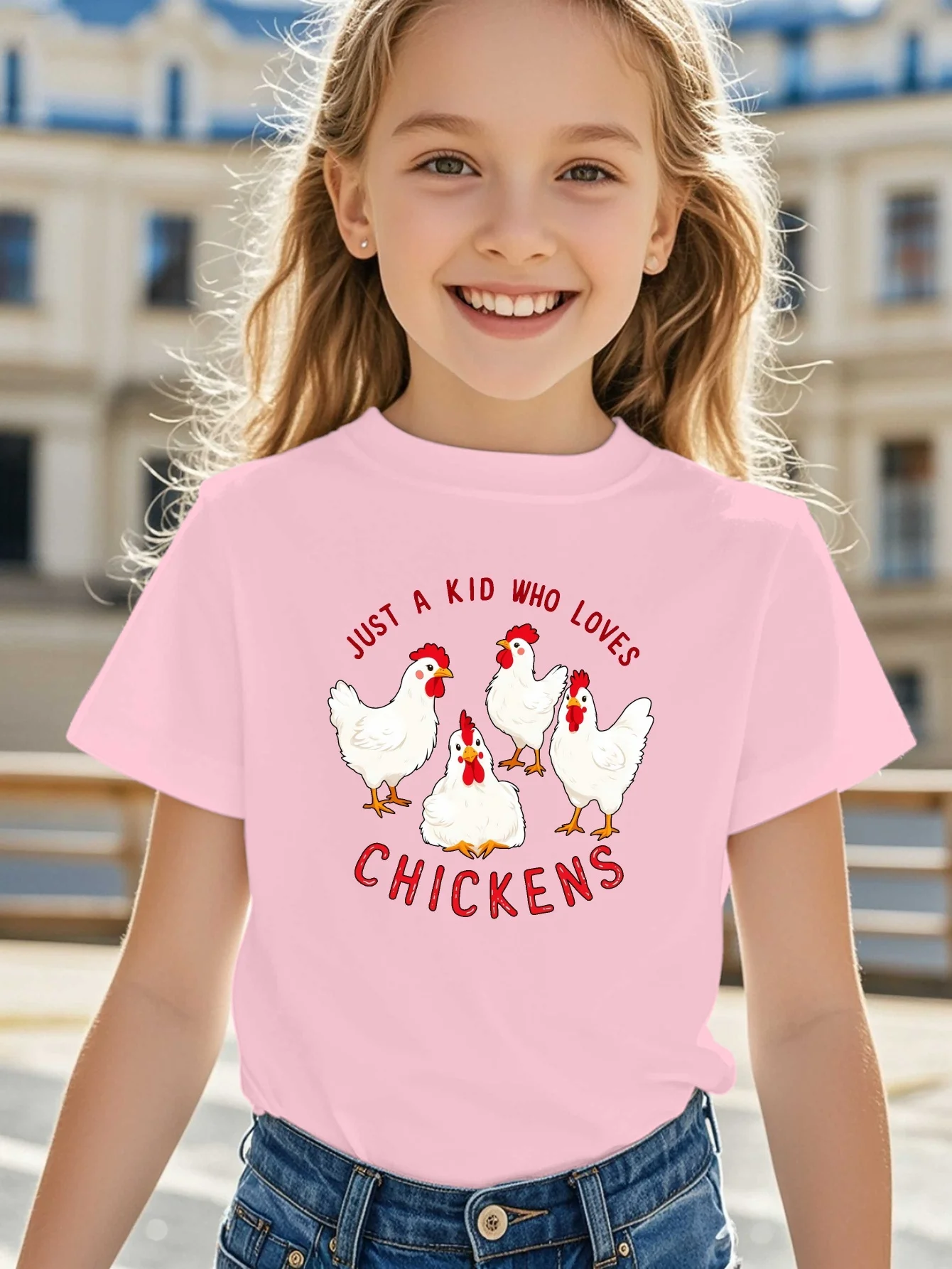 Just A Kid Who Loves Chickens Cartoon Print T Shirt Family Matching Outfit Boys Girls Kids Short Sleeve Children Daily Tees
