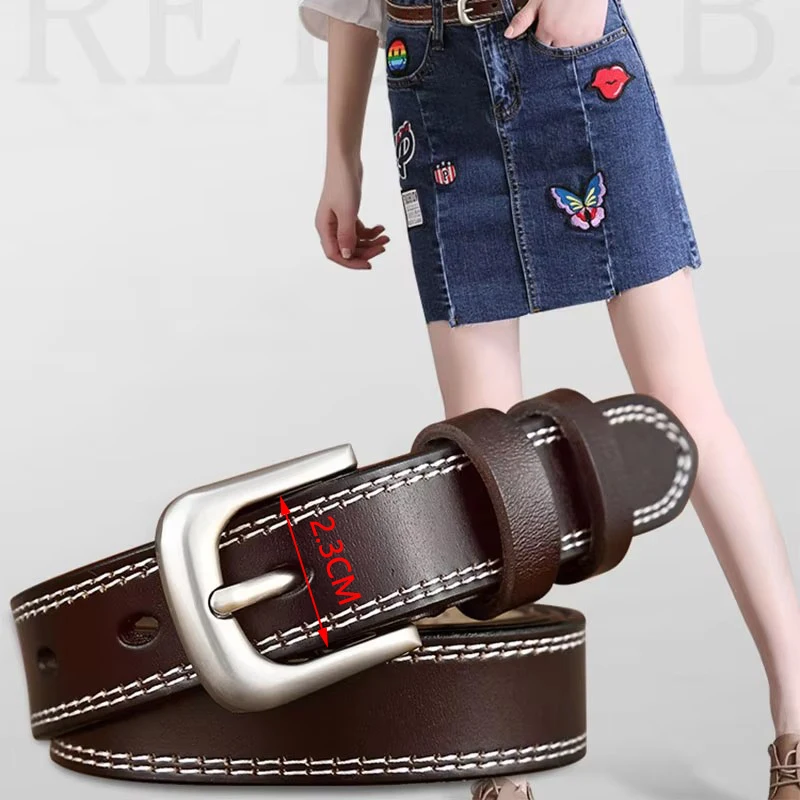 Women Genuine Leather Belt Fashion High Quality Vintage Luxury Brand Waistband Pin Buckle Brown Solid Color Belt Ladies DT025