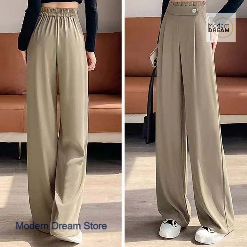 Korean style fashion high waist polyester pants women's summer new loose and slim new drape casual straight wide-leg pants.