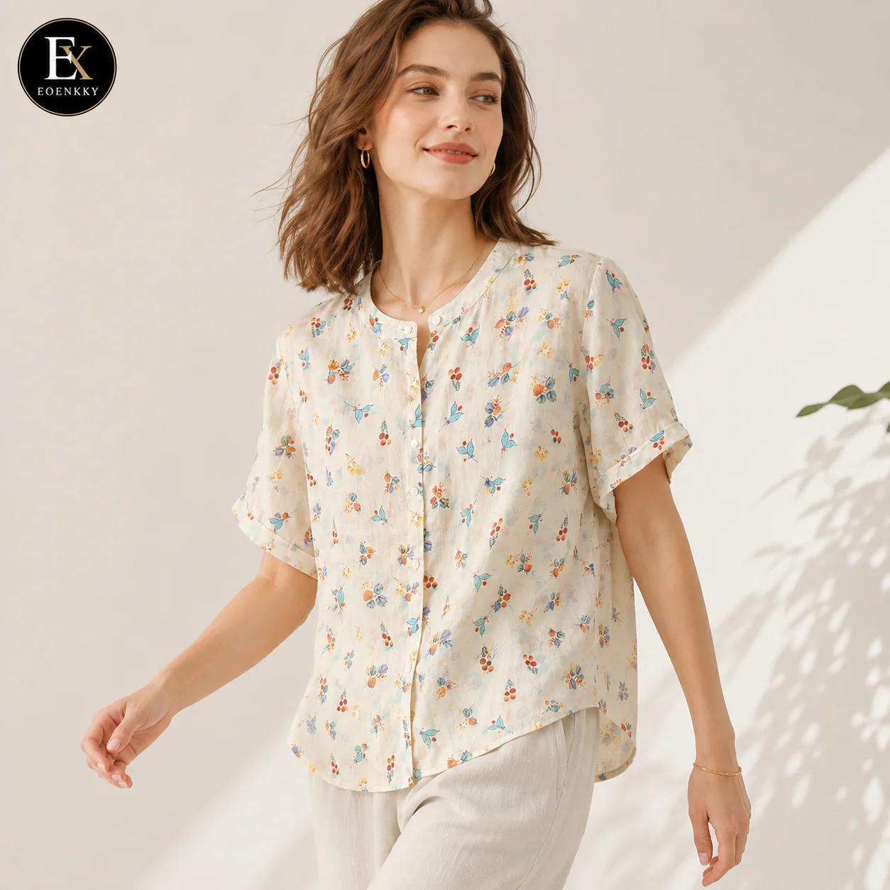 EOENKKY Women Floral Print Cotton Linen Blouse Short Sleeve Button Front Shirt Loose Fit Round Neck Summer Casual Vintage Tops 5