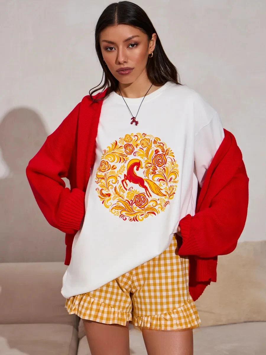 Summer Women's 100% Cotton Oversized Short Sleeve T‑Shirt Retro Folk Style Horse Floral Circle Print Casual Loose Fashion Top