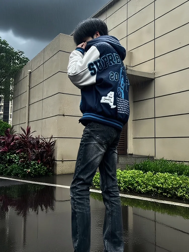 

Thiened American Sle Baseball Jaet Men's Loose Cotton Embroidered Letter Jaet Warm Outerwear for Couples Youth Faion