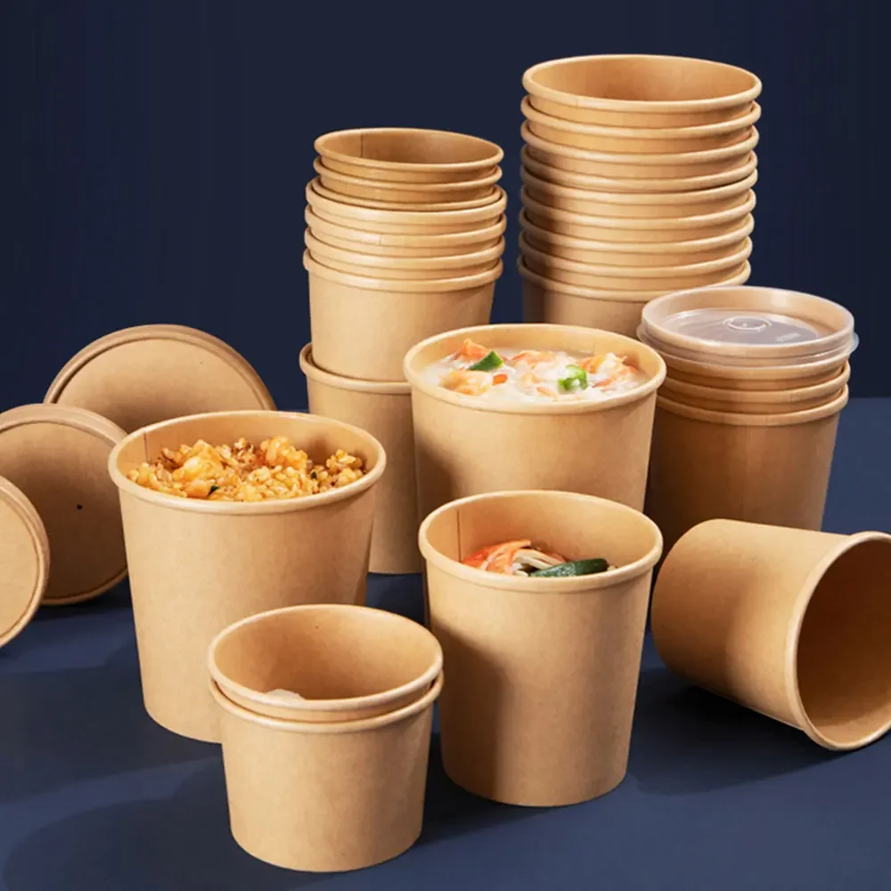 Cheapest Disposable Kraft Paper Bowl 500ml Round Salad Dessert Food Snack Ice Cream Takeaway Packaging Cup with Lids 10pcs/lot