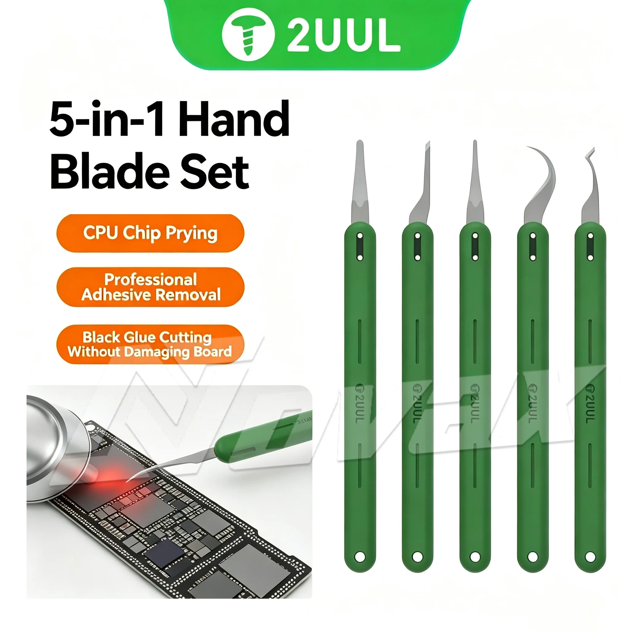 2UUL DA22 5-in-1 Handle Quick Adhesive Removal Blade Set for Cleaning, Scratching, and Prying Mainboard IC/CPU Hard Disk Chips
