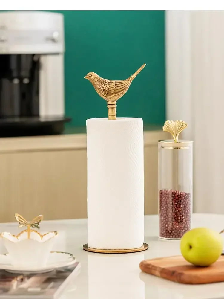 

#For Brass Metal Golden Little Bird Paper Towel Holder Punch-free Vertical Blotting Kitchen Rack Home Storage Decoration^