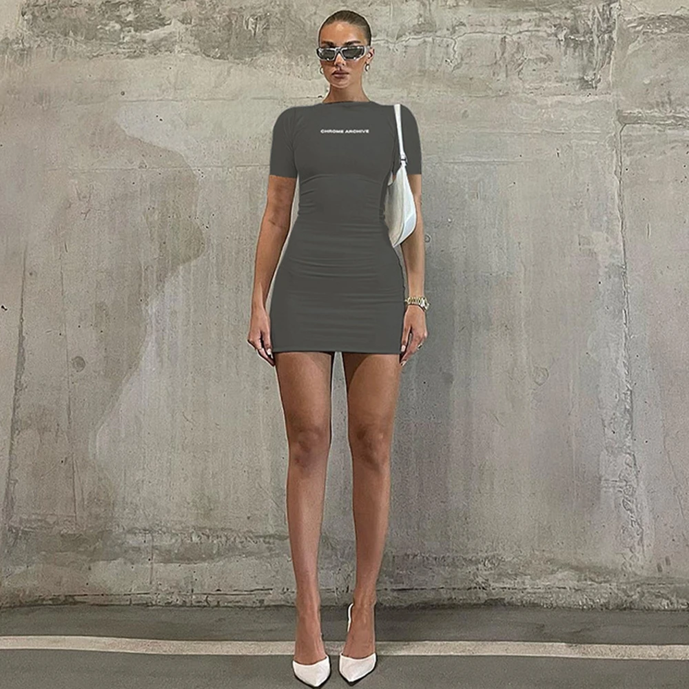 2024 Summer New Fashionable Front And Rear Offset Letter Standing Collar Short Sleeve Slimming Hip Hugging Dress For Women