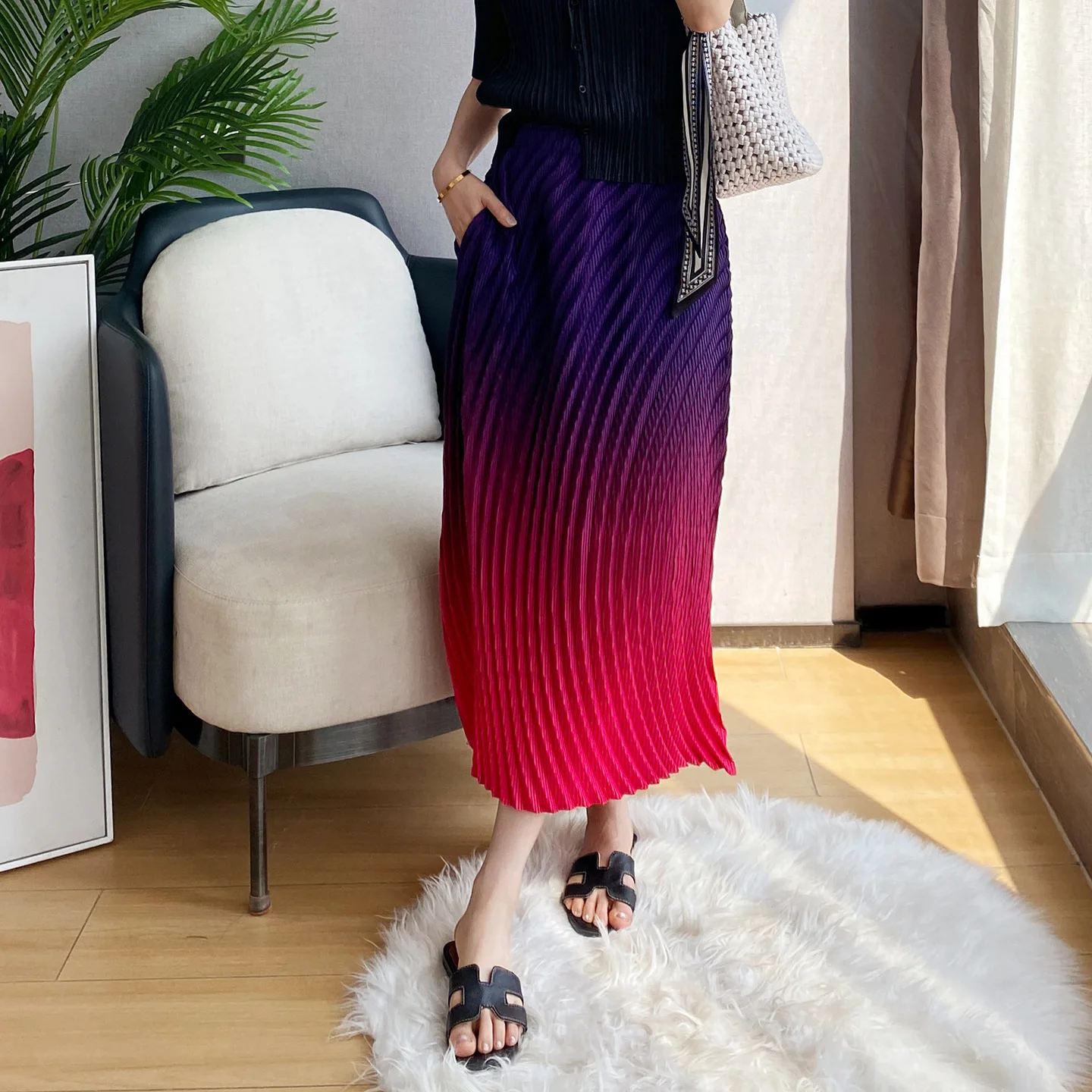 Purple Pink Ombre Pleated High-Waist Maxi Skirt Textured Midi Skirt Slim-Fit Bold Chic Elegant Trendy Daily Casual Essential