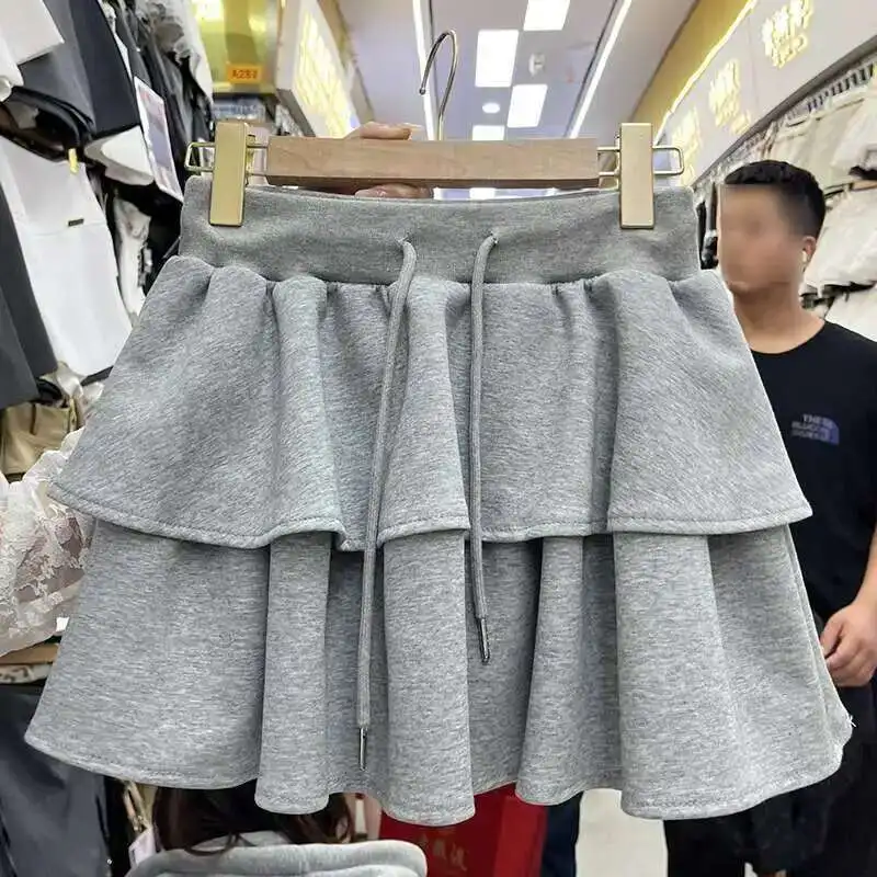 Tierred Ruffles Drawstring Lace-up Elastic Waist Mini Skirts Loose Casual Simple With Lined Short Skirt  Summer