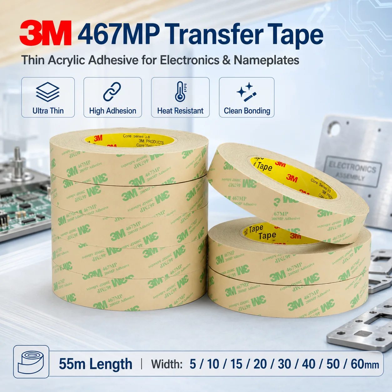 3M 467MP Transfer Tape Double Sided Acrylic Adhesive Ultra Thin High Adhesion For Electronics PCB Nameplate Metal Plastic 55m
