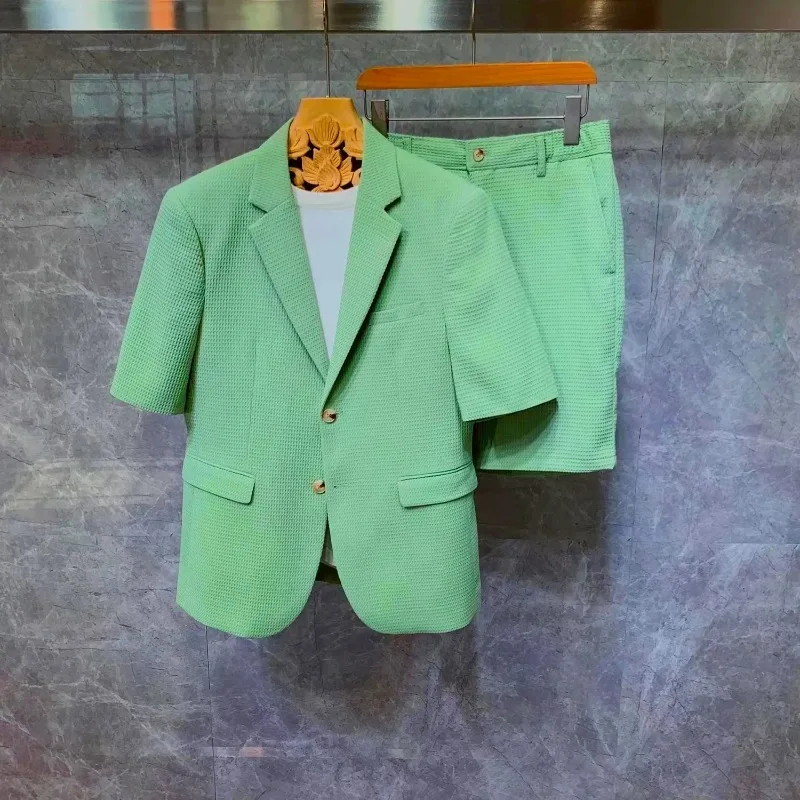 

Korean Style Men Short Sleeved Suits Jackets And Shorts Male Simple Solid Fabric Comfortable Slim Fit Two-piece Sets