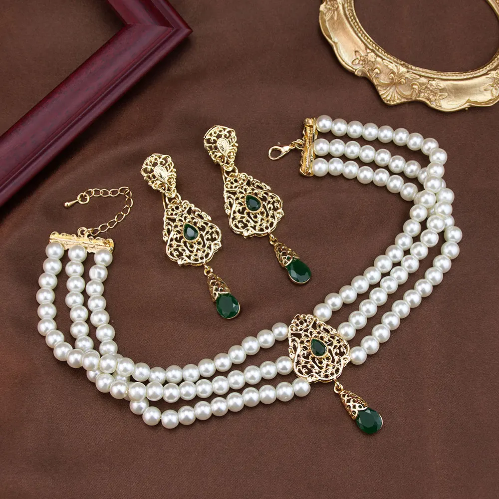 Sunspicems Chic Morocco Jewelry Set Bridal Earring Bead Pearl Choker Necklace Gold Color Arabic Neck Chain Bijoux