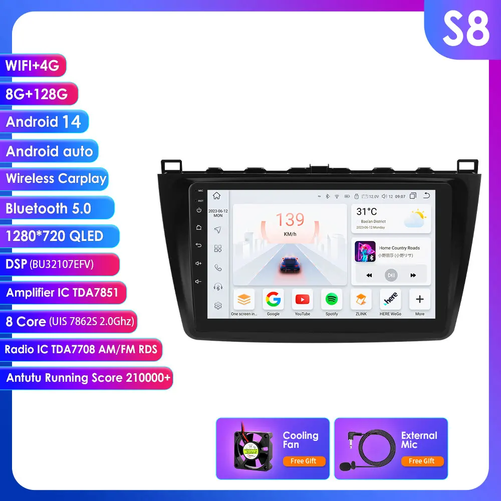 Hizpo 9 inch draadloze CarPlay Android Auto autoradio voor Mazda 6 Rui GH 2008 - 2015 2 DIN multimedia stereo met koelventilator GPS navigatie SWC Bluetooth FM RDS DSP IPS QLED scherm intelligente