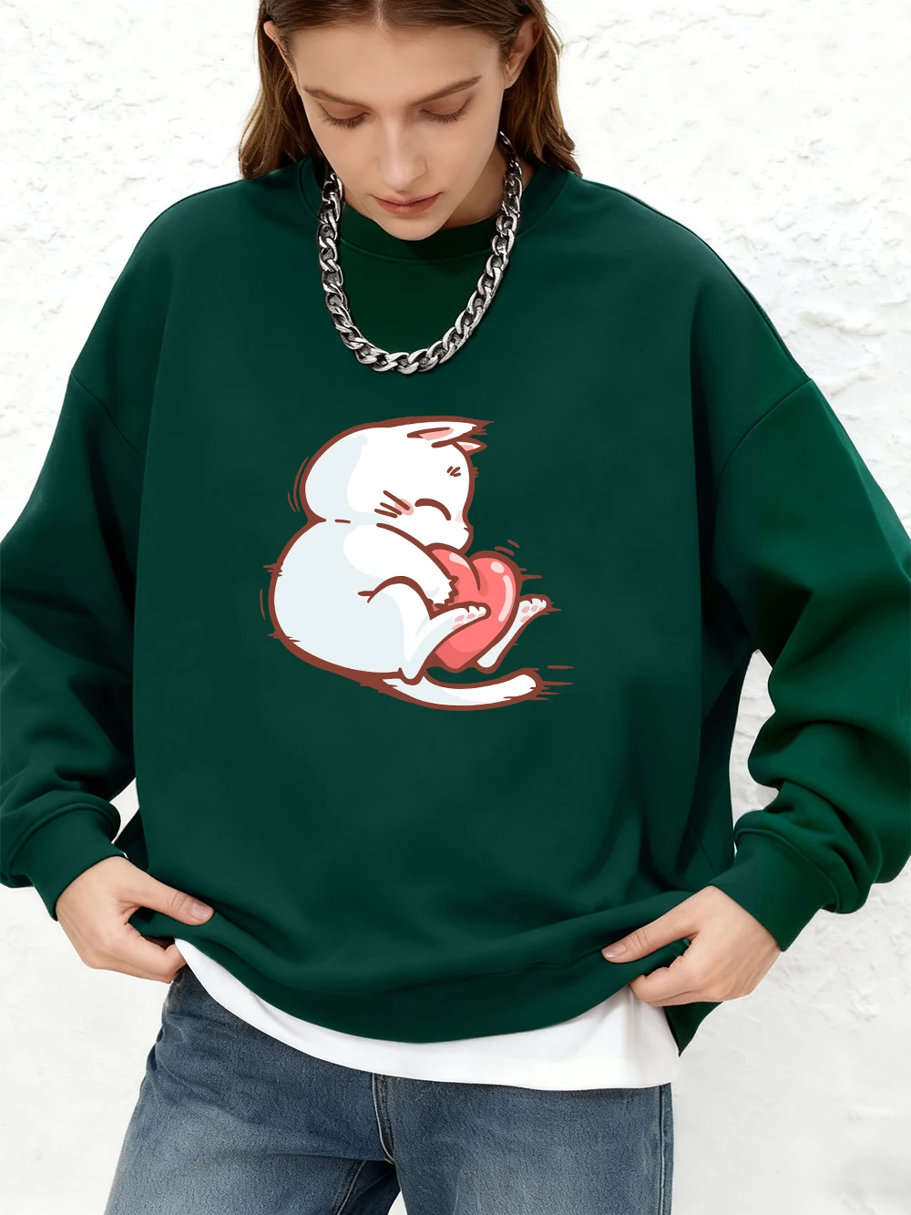 Umarmen Rote Herz Katze Drucke Sweatshirt Frauen Casual Lose Jogger Hoodie Herbst Lange Ärmel Warme Tops Crewneck Frau Kleidung