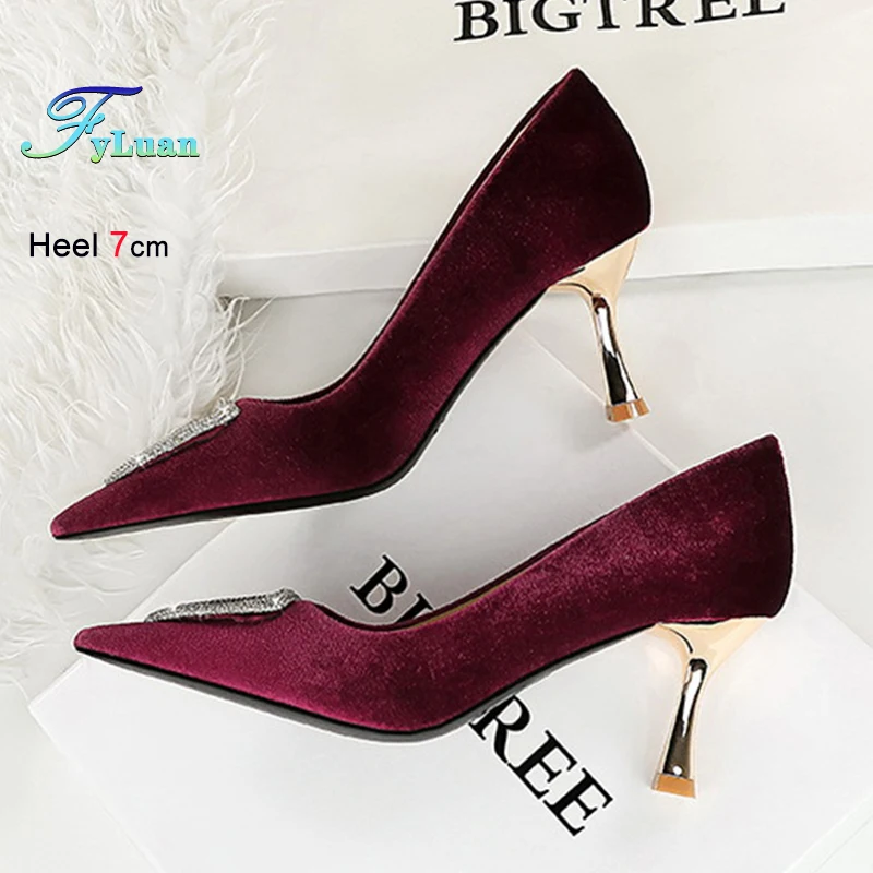 European and American style Women's Pumps Wine Glass Heel Suede Prom Shoes Rhinestone Triangular Decoration Ladies Single Shoes