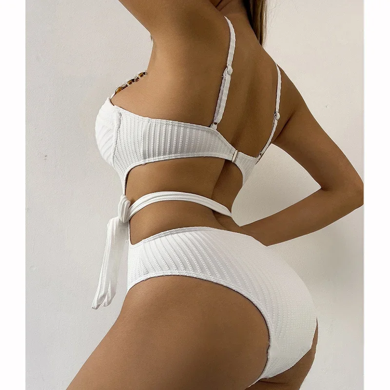 Conjunto de Bikini de tela ondulada de Color sólido, traje de baño para cubrirse para mujer, traje de baño de una pieza con volantes de realce, trajes de baño de playa 2025