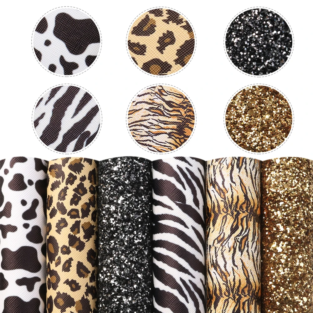 Leopard Cow Assorted Faux Synthetic Leather Sheet Fabric Set 20*33cm for Book Cover Bows DIY Handmade Material,1Yc22561