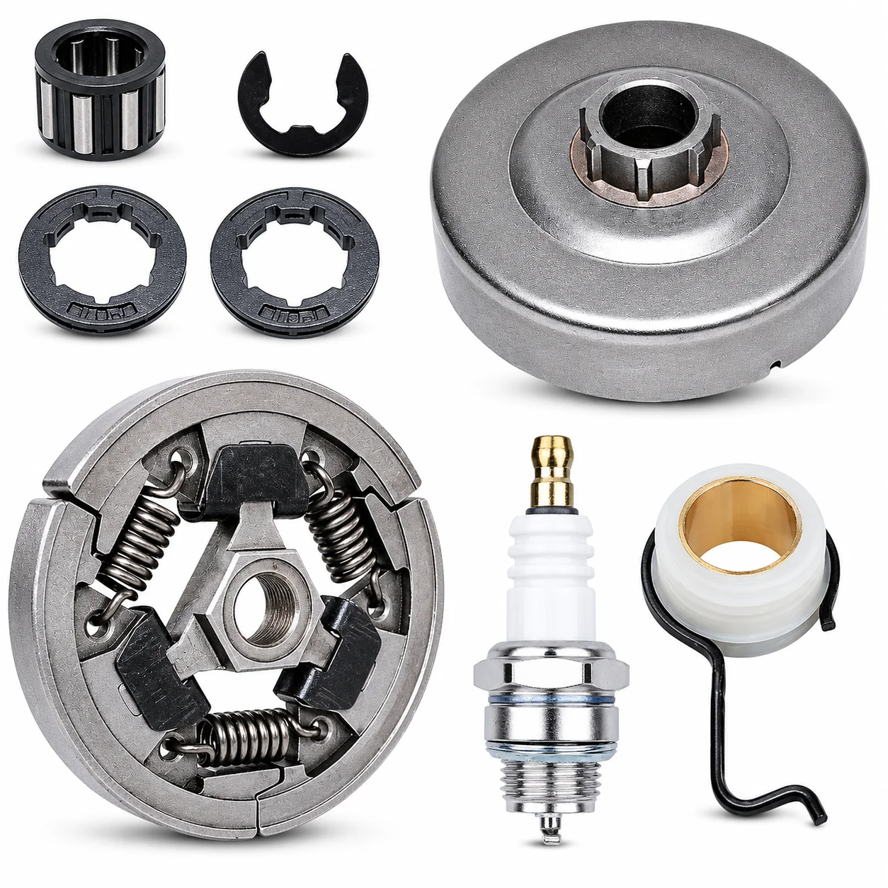 Clutch Drum Sprocket Kit E-Clip Needle Bearing 3/8" Rim Spark Plug Fits Stihl 044 046 Tune Up Kit Replacement Parts