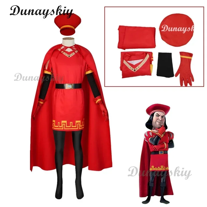 

Lord Farquaad Cosplay Anime Costume Uniform Cloak Glove Hat Set Medieval Cosplay Halloween Party Red Outfit for Kid Women Men