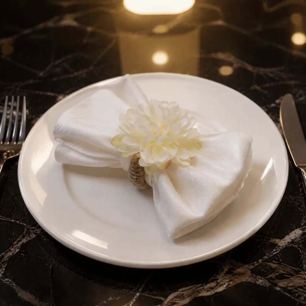6pcs Silk Cloth Artificial Flower Napkin Rings 3.15×2.95in White Floral Napkin Rings Handmade Loop