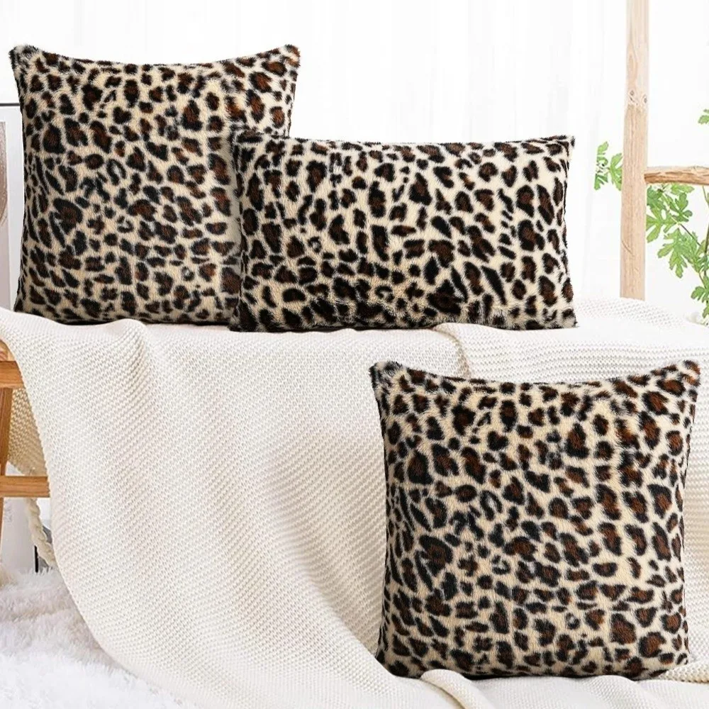 Classic Leopard Print Throw Pillow Cover Double Side Zipper Closure Faux Fur Pillowcase 45x45 Size Cushion Cover Bed Decor