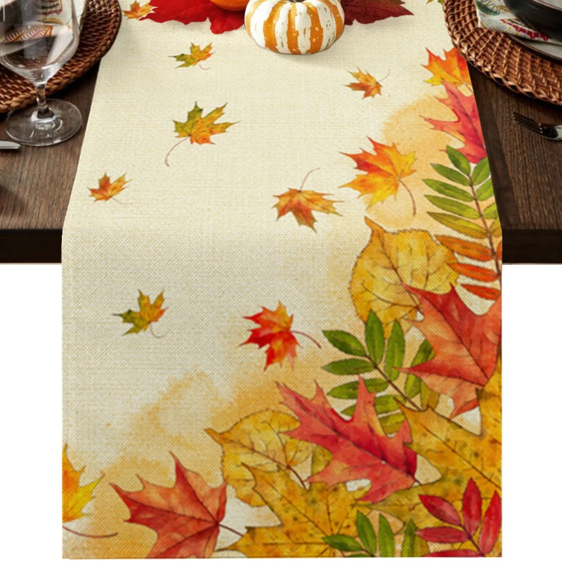 Autumn Table Runner Orange Watercolor Maple Leaf Retro Tablecloth Wedding Decor Holiday Dining Coffee Table Decor Placemat