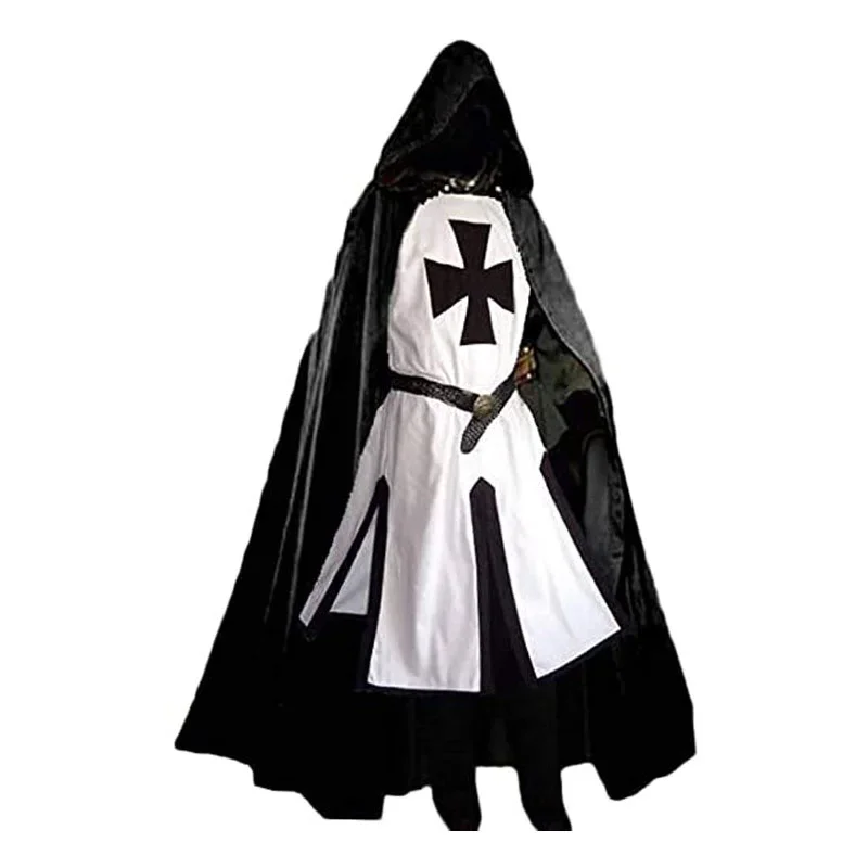 Męskie średniowieczne krzyżowiec rycerze templariusze tunika kostiumy renesansowy Halloween surcoat wojownik czarny płaszcz zarazki Cosplay Top S-3XL