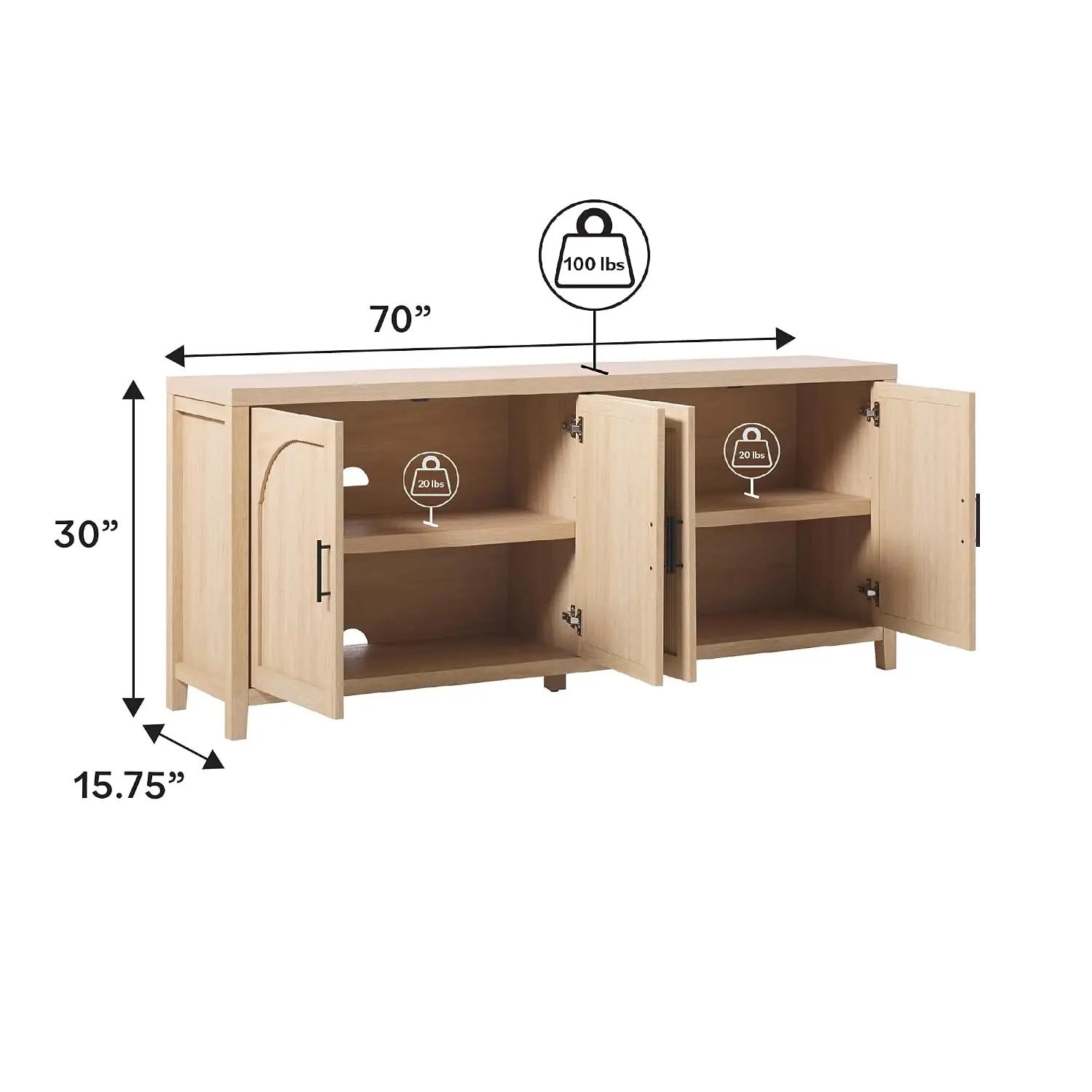 4-Door Reeded Sideboard Buffet With Cord Management, 70 Inch Coastal Oak Finish, Customized