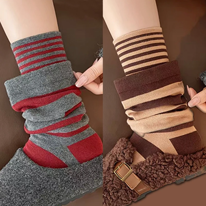 

Многослойные полосатые носки для женщин и девочек, мягкие двухсекционные носки до середины икры, уличная одежда Y2K, повседневные удобные чулки в корейском стиле