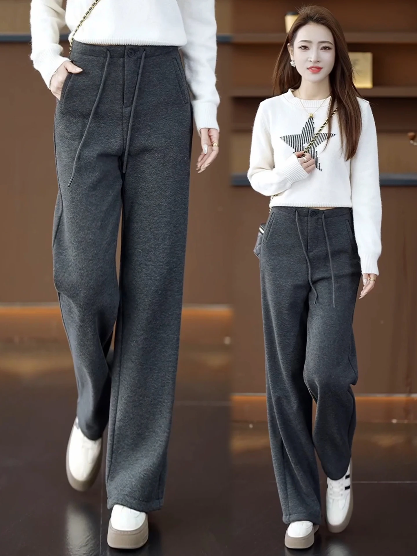 

Fleece Lined Slim Wide Leg Pants Women's Casual Loose Drapey Comfortable High Waist Straight Cut Autumn Winter New Style