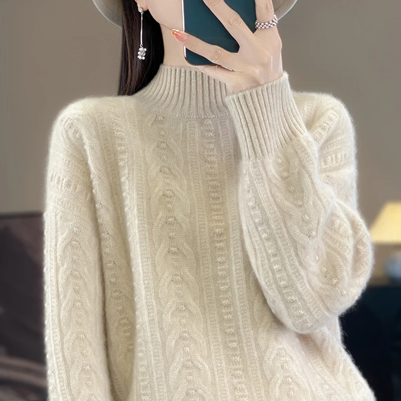 Autumn and winter new 100% merino wool women's sweater half-high neck thick twisted solid color loose pullover knitted jacket